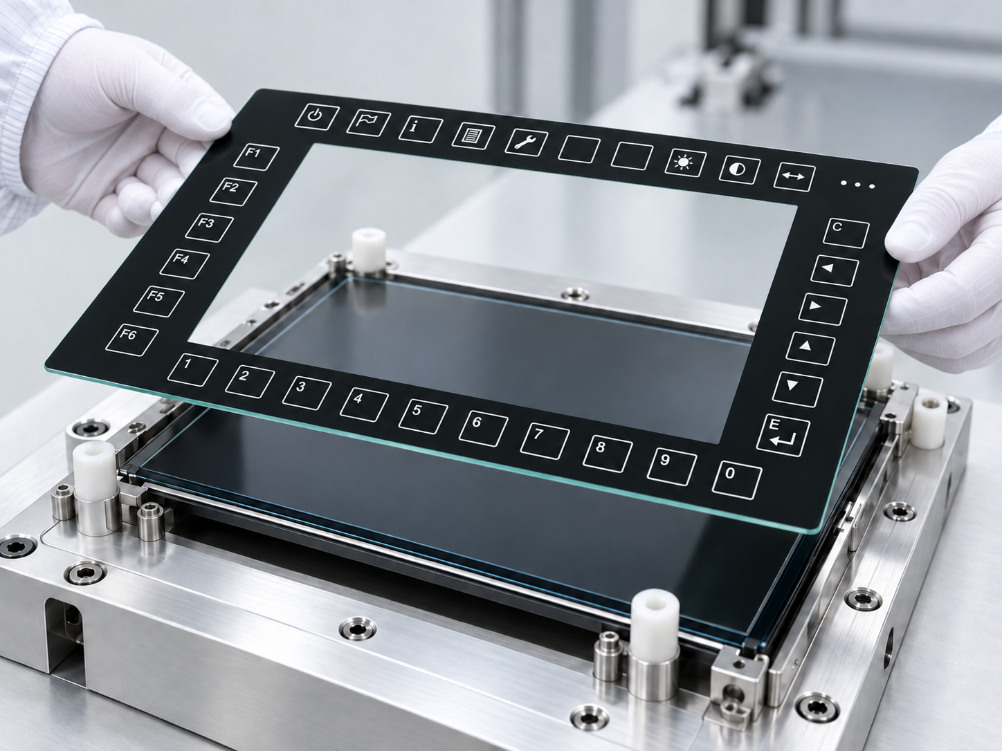 Optical bonding illustration with icon-printed cover glass aligned above an LCD module.