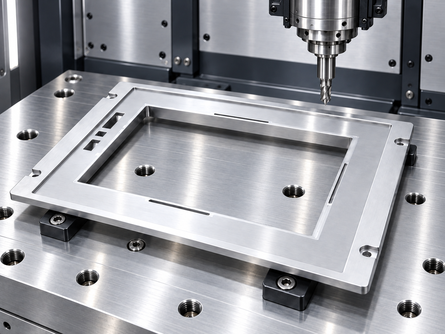 CNC machining illustration showing a spindle and cutting tool above an aluminum HMI front frame on a precision worktable.