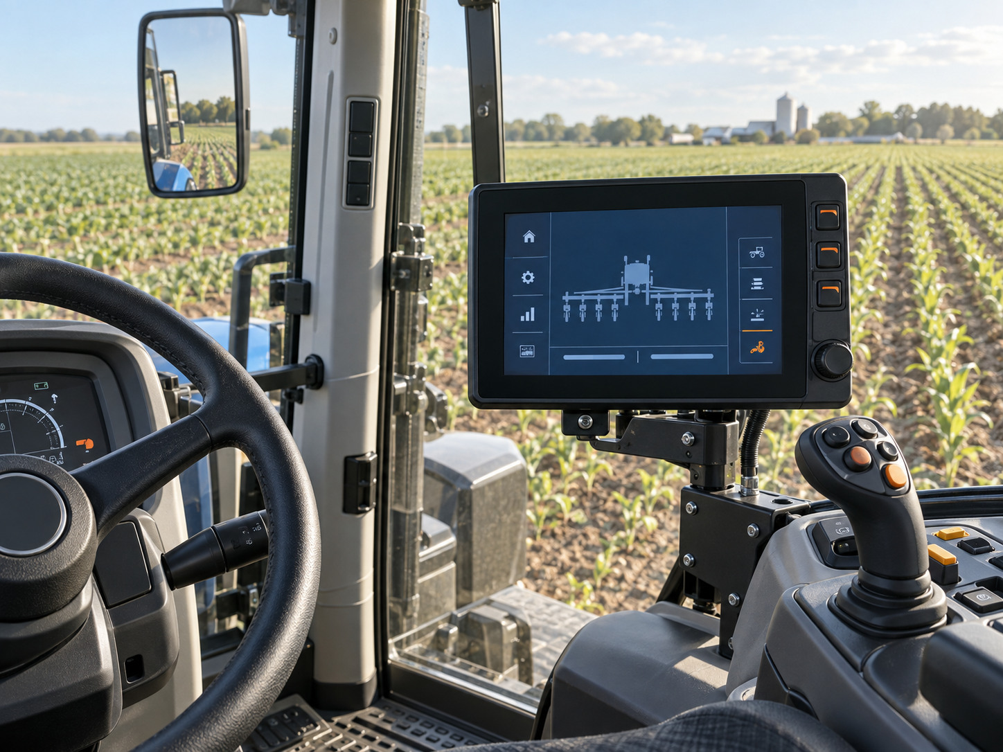 Illustration of an operator display inside an agricultural machine cab