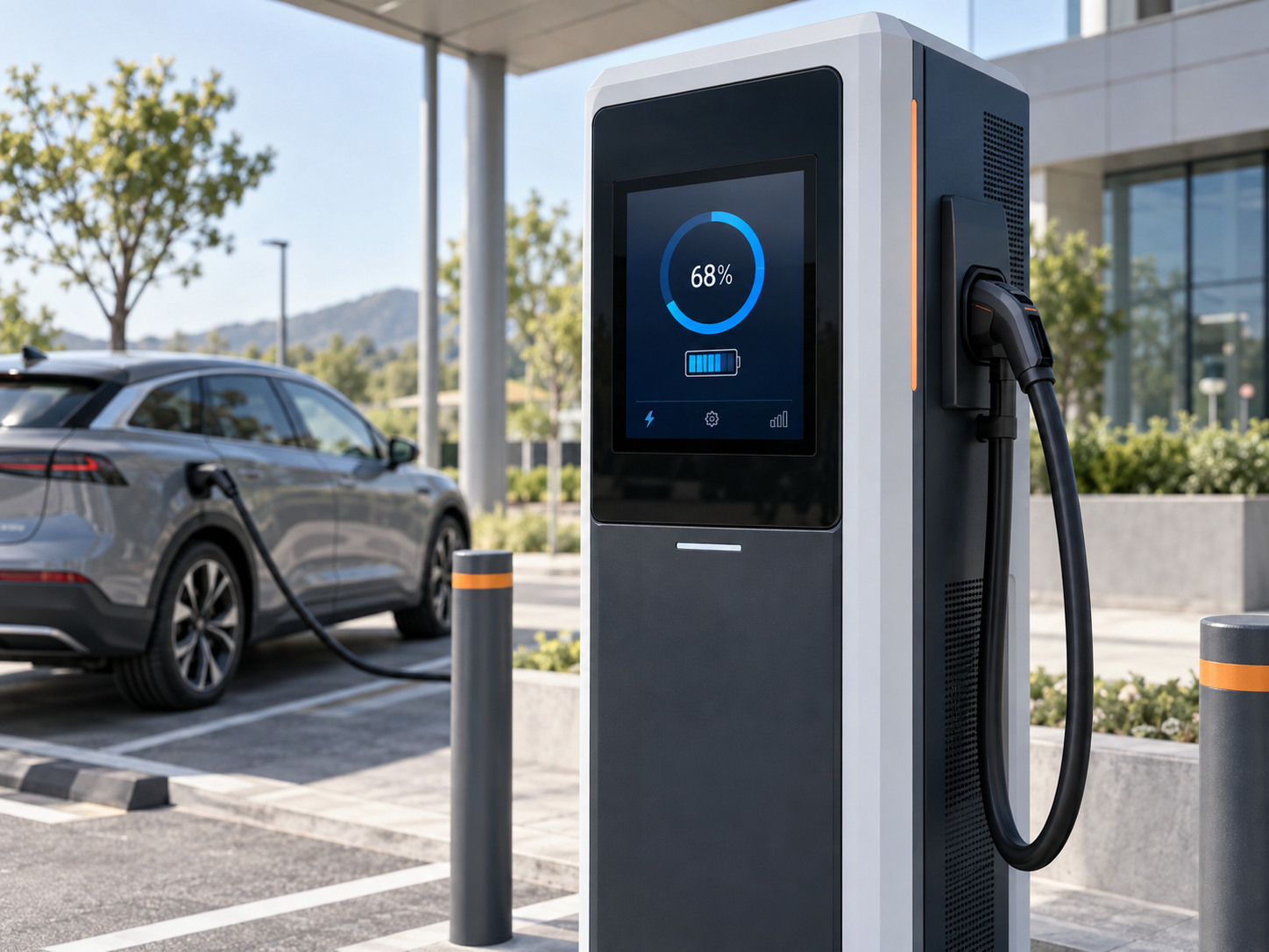 Illustration of a display and touch interface on an EV charging cabinet