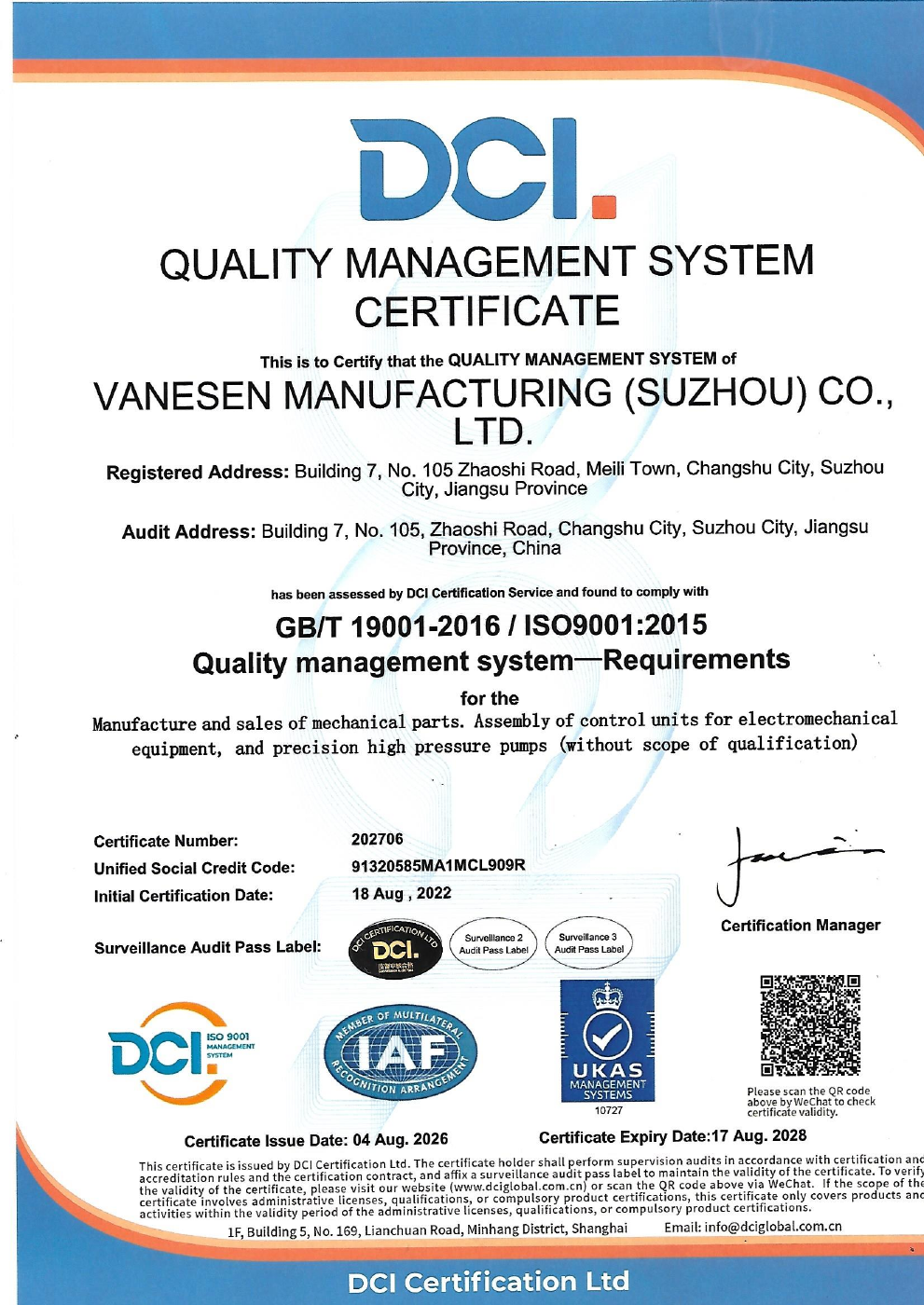 VANESEN ISO 9001:2015 certificate in English