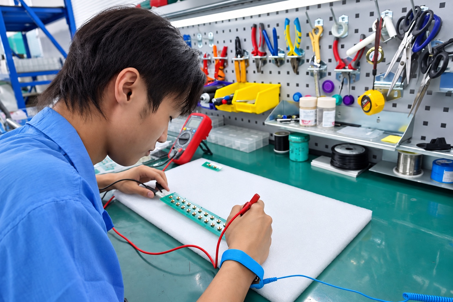 VANESEN technician checking an electronic board with a multimeter