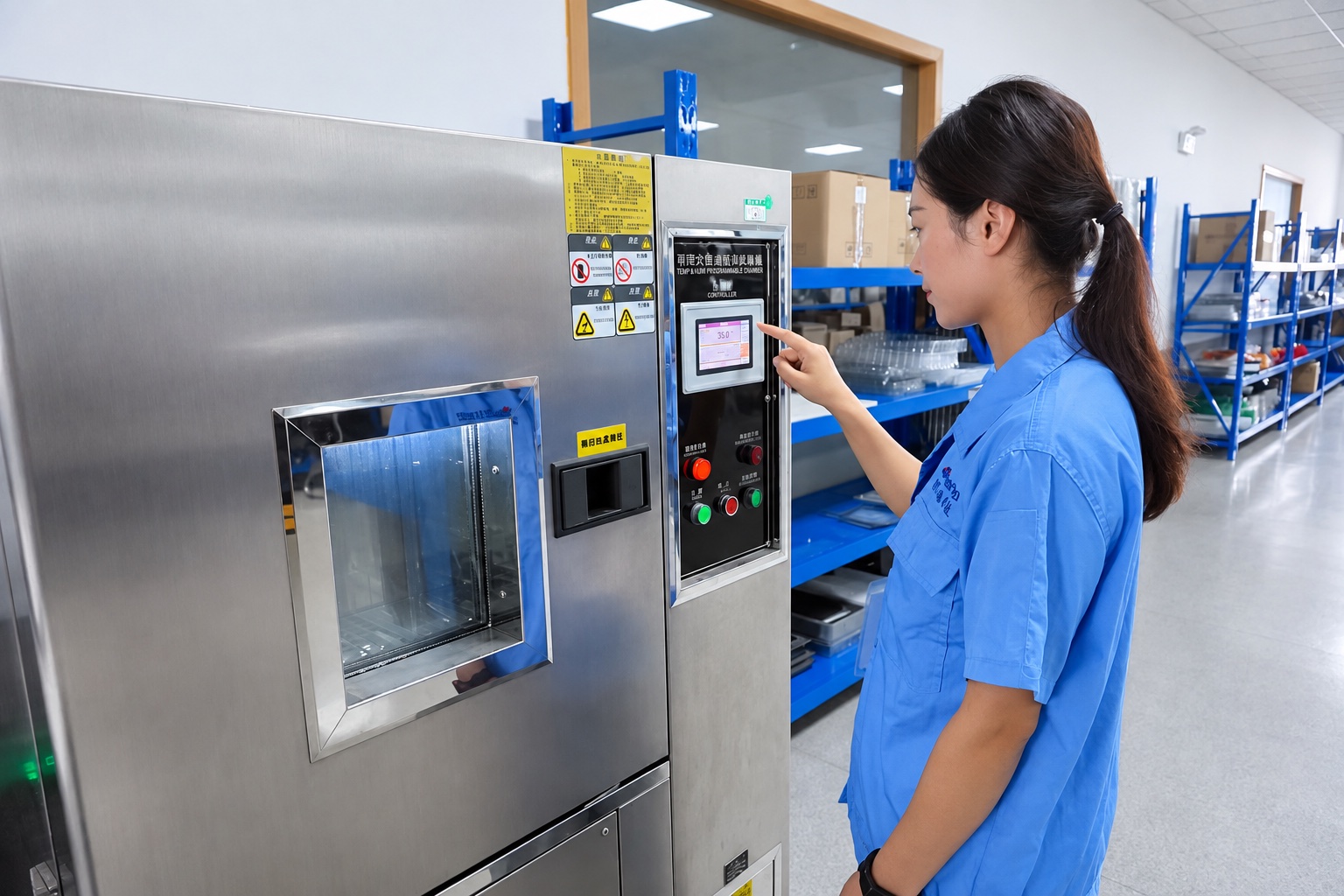 Technician operating a temperature and humidity test chamber at VANESEN